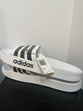 adidas White Slides with Black Stripes and Logo